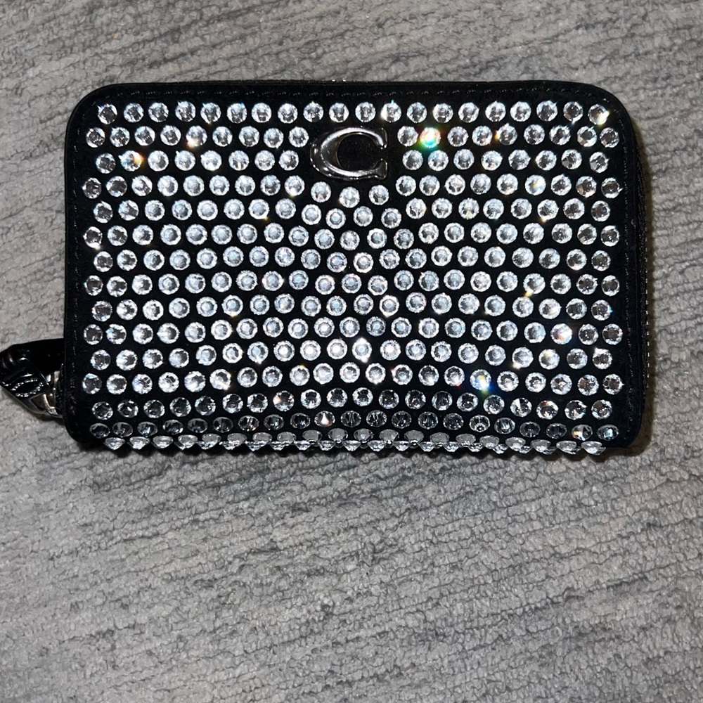 Coach black rhinestone card holder zipper wallet